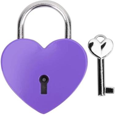 Imagem de Cadeado roxo de baú do tesouro, mini cadeado de metal em forma de coração de amor, diário colorido, cadeado de segurança com chave para caixa de joias, bolsa, armário, armário, caixa de cartas,