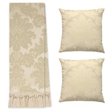 Imagem de Jogo Manta Xale para Sofá Artesanal com Franjas 1,40 x 1,80 com 2 Capas de almofadas (138 BEGE NUDE)