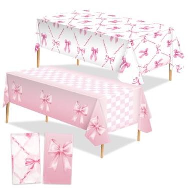 Imagem de Zhehao Toalha de mesa de plástico com laço rosa, 2 estilos, retangular, rosa, artigos de festa, tema de laço, toalha de mesa descartável para mulheres, meninas, casamento, aniversário, chá de bebê,