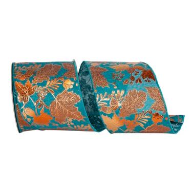 Imagem de Reliant Ribbon Fita de borda com fio de linho de cobre metálico levantada com folha, azul-petróleo