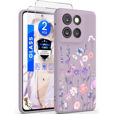 Imagem de Yucenx Capa para Motorola G Stylus 5G 2025 com 2 películas de vidro temperado, capa de telefone de silicone líquido floral para meninas, mulheres, capa de proteção macia à prova de choque