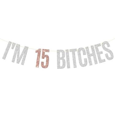 Imagem de Glitter I'm 15 Bitches Banner Happy 15th Birthday Banner Funny 15th Anniversary Decoração de festa de quinze anos para meninas prata e ouro rosa