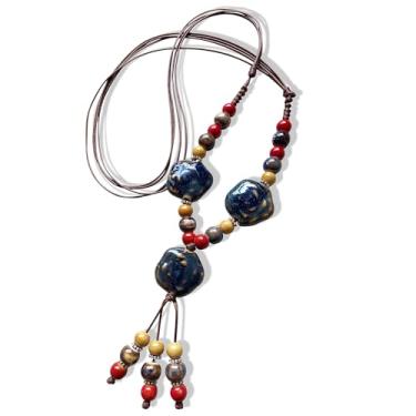 Imagem de Fuvirou Boho Hippie Colar feminino com contas de cerâmica grossas, vintage, boêmio, anel, círculo, berloque, longo, em Y, joia de presente, Small, Cerâmica, Sem Pedra Preciosa