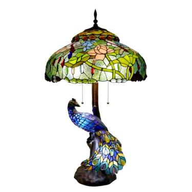 Imagem de VirtueKing Abajur Estilo Tiffany Estilo Libélula Estilo Lótus Abajur De Vidro Colorido Feito À Mão Abajur Estilo Pavão Abajur De Mesa 18X18X31 Polegadas Luz De Leitura De Mesa Decoração Para Quarto