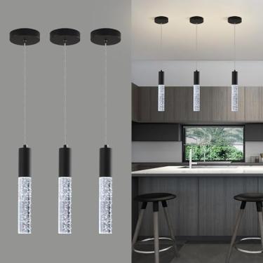 Imagem de Upfelw Pacote Com 3 Luminárias Pendentes Modernas Para Ilha De Cozinha, Mini Luminária Pendente De Cristal Bolha, Lustre Pequeno De Cabeceira Com Led Preto Para Sala De Jantar, Luz Branca De 6000K
