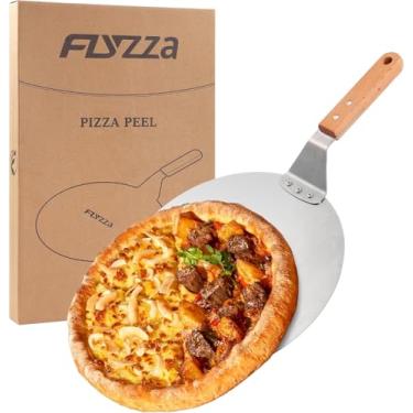Imagem de FLYZZA Casca de pizza de 30 cm, espátula de pizza de aço inoxidável com cabo longo de madeira para assar no forno de pizza, descascar turing para pizza, massa e massa de pão