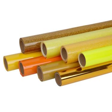 Imagem de FUNKAKA Pacote de vinil HTV de transferência de calor amarelo, 8 rolos 30,5 cm x 0,9 m ferro em vinil para camiseta 8 várias cores amarelas HTV para todas as máquinas de corte fácil de cortar