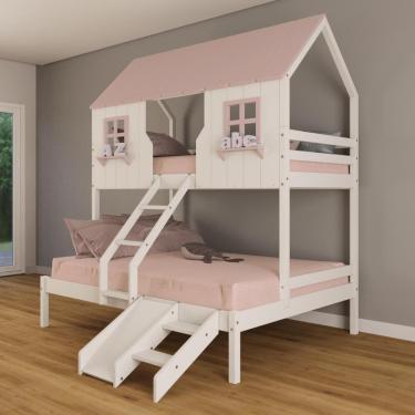 Imagem de Beliche Casal/ Solteiro Casinha Encantada com Kit Escada/ Escorregador Madeira Maciça Branco/ Rosa Housin