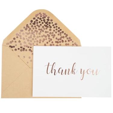 Imagem de Cartões de agradecimento – Pacote com 50 cartões brancos texturizados com ouro rosa impresso com 52 envelopes kraft em relevo 10 x 15 cm – para chá de casamento, chá de bebê, festa de aniversário