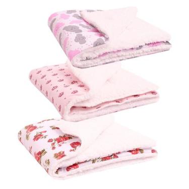 Imagem de Kit Manta com Sherpa Dupla Face para Bebê Menina Confort Baby 03 Peças