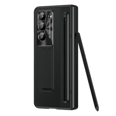 Imagem de HAO RIYLN Capa galvanizada para Samsung Galaxy Z Fold6, capa de negócios leve de luxo com suporte oculto dobrável capa protetora à prova de choque, preta, Z FOLD6