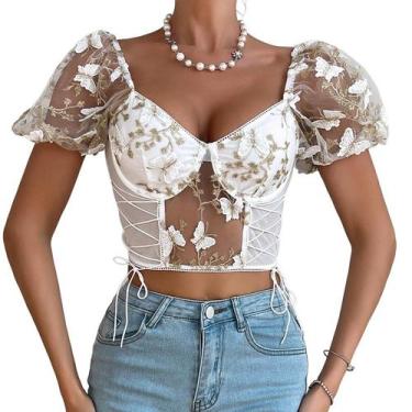Imagem de Blusa Com Manga Cropped Curta Crop Top Telinha Transparente - Modas Fa