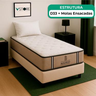 Imagem de Cama Box Baú Bege E Colchão Madrid Molas Vstore 78x188x28