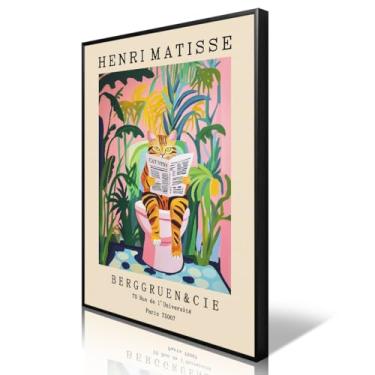 Imagem de XMJJQQ Arte de parede em tela de gato, gato malhado no banheiro, lendo jornal, pôster de banheiro, impressão inspirada em dopamina rosa Henri Matisse, imagem de banheiro botânico tropical verde 30,5 x