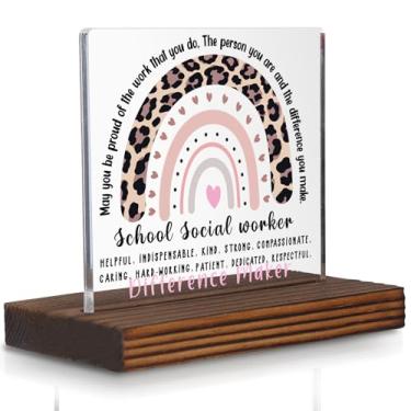 Imagem de Decoração de mesa de presente de agradecimento de assistente social escolar, placa de leopardo arco-íris para conselheiros, equipe de apoio e defensores da saúde mental PA077