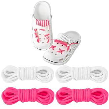 Imagem de NDTEZUGT 2 pares de cadarços coloridos mistos para sapatos Crocs Clog, 5/81.3 cm (4 mm) de poliéster redondo, cordões de substituição DIY, Branco + rosa vermelha, 47"/120cm