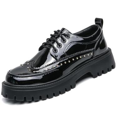 Imagem de Sapato social masculino plataforma de couro envernizado clássico bico redondo sola grossa cadarço Oxfords conforto salto Derby Business casual sapatos, Preto, 42