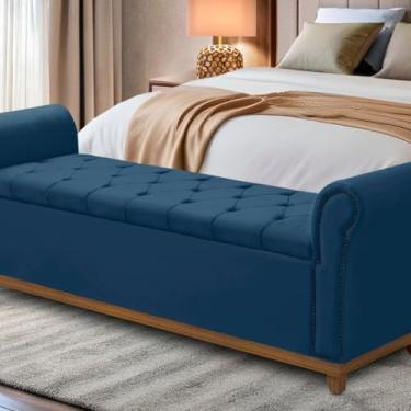 Imagem de Baú Cama Box Grécia, Veludo Preto, 88 x 67 x 50 cm, Estofado com Design Clássico (Azul)