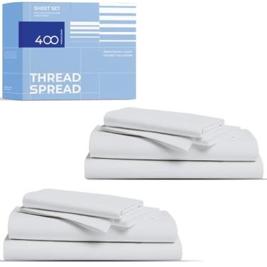 Imagem de THREAD SPREAD Pacote com 2 conjuntos de lençóis de tamanho casal - 400 fios 100% algodão cetim trançado - extra macio, respirável, lençóis de resfriamento de qualidade hoteleira, 2 conjuntos de