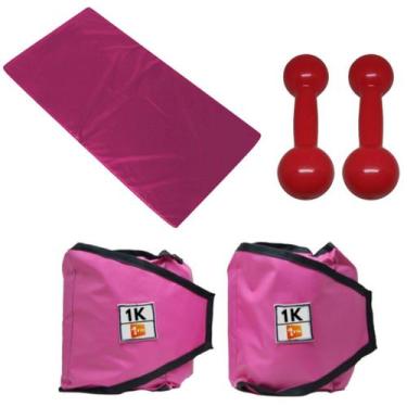 Imagem de Kit Colchonete Rosa +Par de Caneleira 1Kg+Par de Halter 2Kgs - 1 Fit