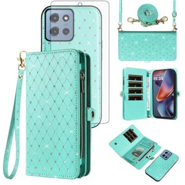 Imagem de Asuwish Capa de celular para Motorola Moto G 5G 2025 com zíper carteira destacável com protetor de tela transversal alça de cordão brilhante flip compartimento para cartão G5G 5 G G5 mulheres meninas