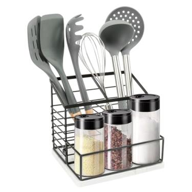 Imagem de Jeasor Suporte de utensílios para balcão de cozinha, suporte de utensílios de metal com sal e pimenteiro para bancada de cozinha, armazenamento de ferramentas de cozinha para espátula, organizador de utensílios grande com base de mármore