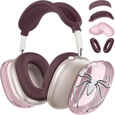 Imagem de [4 em 1] Capa para AirPods Max (2024/2020) Capa para fone de ouvido/capa para fones de ouvido com emblemas cromados de aranha 3D para fones de ouvido Apple AirPods Max (aranha bordô)