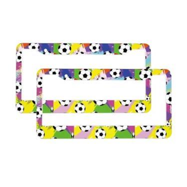 Imagem de Bola de futebol branca em fundo colorido molduras de placa de licença 2 peças capas de placa de carro acessórios externos automotivos com tampas para veículos dos EUA