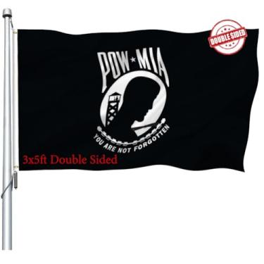 Imagem de Gmeitoey Bandeira dupla face Pow Mia 3x5 Outdoor - Poliéster resistente You are Not Forgotten Prisoner of War Mia pow Flags Banner com 2 ilhós de latão, 4 linhas costuradas