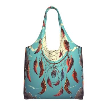 Imagem de GlbnSHeric Bolsa feminina reutilizável de compras de lona com borboleta azul cereja bolsa de ombro dobrável, Rede Catch Dream, One Size