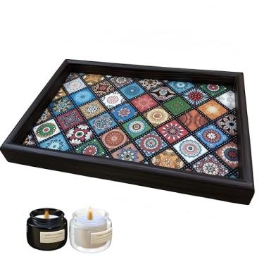Imagem de Bandeja de servir de madeira estilo marroquino, grande bandeja decorativa de mesa de centro otomana com design de mosaico