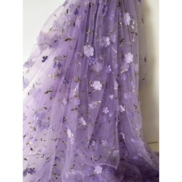Imagem de Tecido de tule de 89 cm x 129,5 cm da Yard Flower Embroidery Mesh Lace Fabric Soft Tulle Lace Fabric for DIY Clothing Dress Design Women Gown Wedding Dress Curtain Decor (roxo claro, 2 jardas (177,8 x