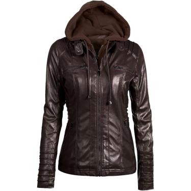 Imagem de Moda Jaqueta De Couro Feminina, Capuz Removível Algodão Shacket Jacket Mulheres, Dark Brown, M
