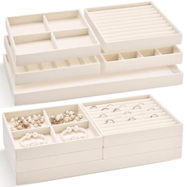 Imagem de Cinnvoice Conjunto de 10 bandejas organizadoras de joias empilháveis para gaveta de 35,5 cm de veludo com compartimento removível para colar, brinco, anel, relógio e pulseira (bege)