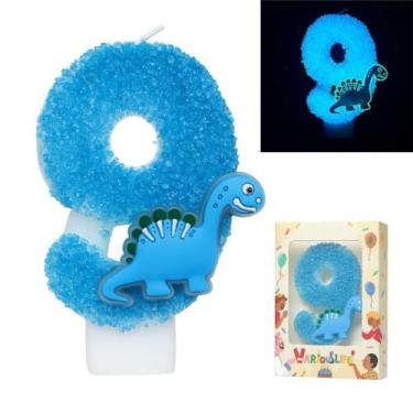 Imagem de Vela de aniversário de dinossauro número 9 que brilha no escuro – Vela grande de bolo com glitter azul de 8 cm para meninos e festas de dinossauros de 9 anos