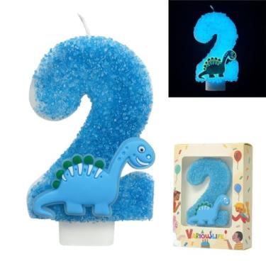Imagem de Vela de aniversário de dinossauro número 2 que brilha no escuro – Vela grande de bolo com glitter azul de 8 cm para meninos festa de dinossauro de 2º aniversário