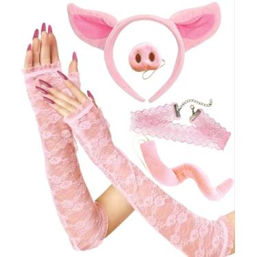 Imagem de OLYPHAN Pink Pig Costume Accessories Adults Women Sexy Lace Piggy Costumes with Lacey Arm Sleeves, Snout nose, Piggy Headband Ears and Tail with Lace Choker Necklace for Halloween or Cosplay 5 PC