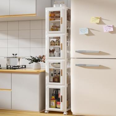 Imagem de Armário de armazenamento estreito alto de 4 camadas, armário de armazenamento de banheiro estreito com portas transparentes e rodas móveis, adequado para espaços pequenos, banheiros, cozinhas