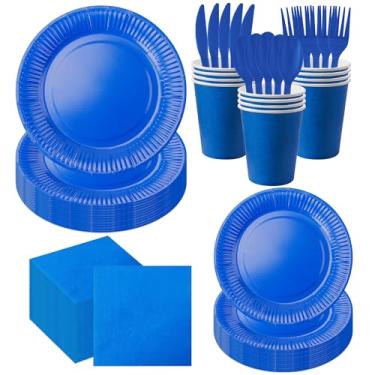 Imagem de 210 peças de pratos de papel azuis descartáveis suprimentos de festa – inclui pratos de jantar de 23 cm, pratos de sobremesa de 18 cm, copos de papel de 255 g, guardanapos, garfos de plástico, facas e
