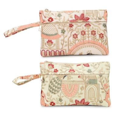 Imagem de LONGING TO BUY Bolsa de cosméticos bordada, estampa floral de pássaros, bolsa de maquiagem estilo vintage com zíper, pacote combo em várias cores, Creme e verde claro, Floral vintage