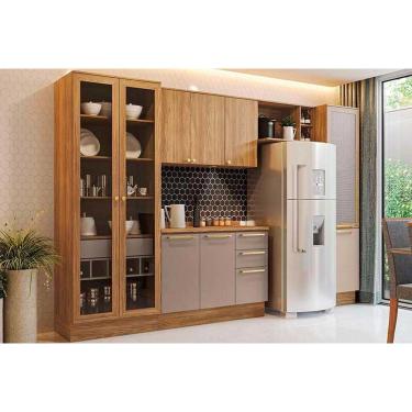 Imagem de Kit Cozinha Completa 6 Peças Botanic (2Aéreos+1Balcão+1Cristaleira+1Paneleiro+1Complemento) M661 Nogueira/Fendi - Kappesberg