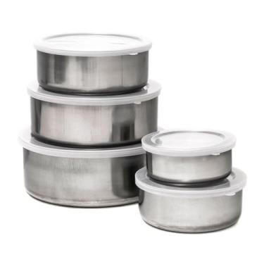 Imagem de Conjunto de Bowls em Aço Inox Cozinha – 5 Peças com Tampas Herméticas, Potes Multiuso Profissionais para Preparar e Armazenar Alimentos, Empilhável e Resistente