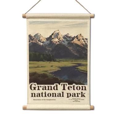 Imagem de SHOXREM Pôster de viagem do Parque Nacional Grand Teton – Pôsteres vintage pendurados com moldura de rolagem de madeira para sala de estar, escritório, sala de aula, quarto, sala de jogos, decoração
