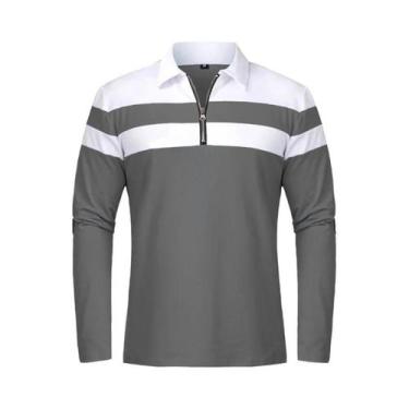 Imagem de Camisa Polo Masculina Slim Fit De Manga Longa Listrada Com Zíper 1/4 E