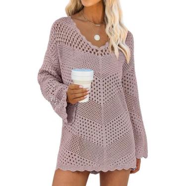 Imagem de Capa de maiô ANRABESS Crochet com decote em V, malha, rosa