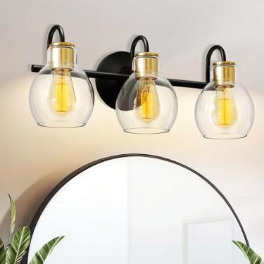 Imagem de SKXEXI Luminária De Banheiro Em Preto E Dourado, 3 Luminárias Para Banheiro, Modernas Com Cúpula Vidro Transparente, Arandelas Corredor, Base E26