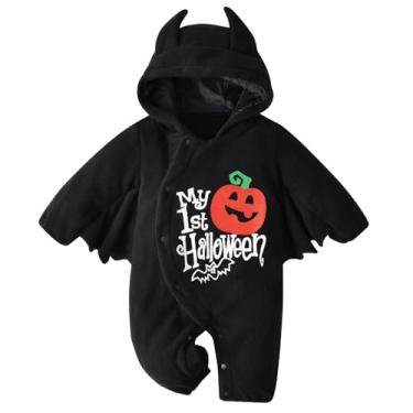 Imagem de AGQT Roupa para bebês meninos Halloween estampa de abóbora preta fantasia de morcego roupas com capuz malvado manga longa cosplay inverno fleece macacão peça única tamanho 9-12 meses (90)