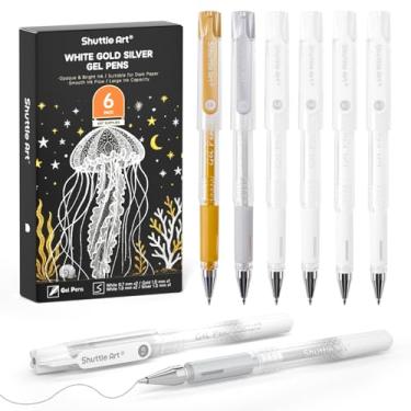 Imagem de Shuttle Art Canetas de gel prateadas em ouro branco, pacote com 6 canetas de tinta de gel metálicas de 0,7 mm, 1,0 mm, ponta fina para papel preto, destaque, cartão, scrapbook, coloração, desenho