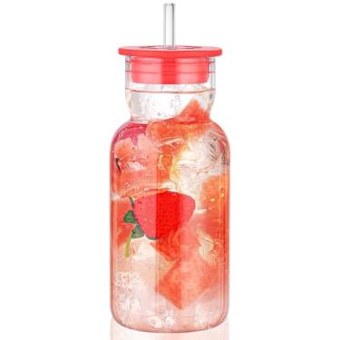 Imagem de CWHHRN Copo de vidro de 500 ml com tampa e canudo, copo de vidro com canudo e tampa, vidro vintage para suco de cerveja e coquetel de uísque, xícaras de café gelado com tampa (pacote com 1)