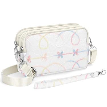 Imagem de YINHEXI Bolsas transversais pequenas para mulheres, 3 zíperes pequena bolsa transversal de nylon para viagem, bolsa carteira de celular para mulheres, Linha bordada branco-02, Small, Estilo natural